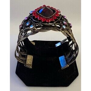 Unknown Vintage Boho Open Cuff Bracelet Gold Red Marquise Stone